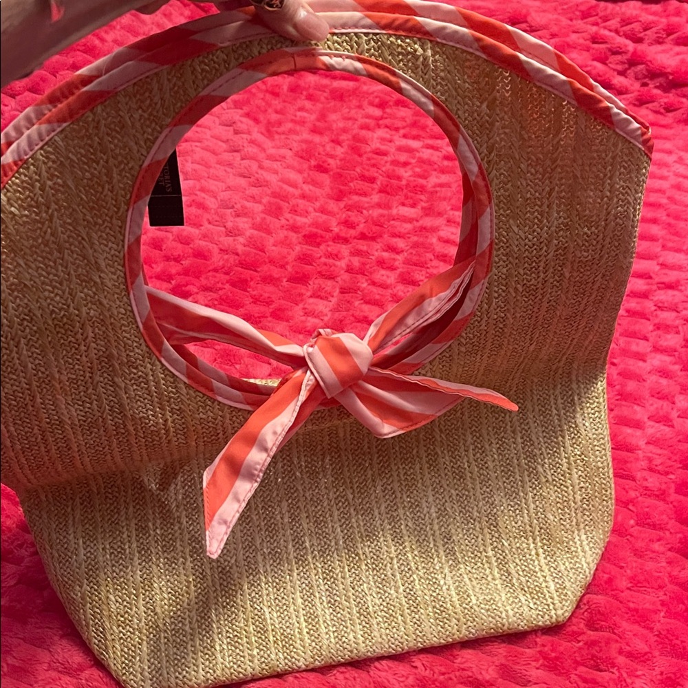Victoria's Secret Straw Tote with Pink Scarf-Trimmed Handles
